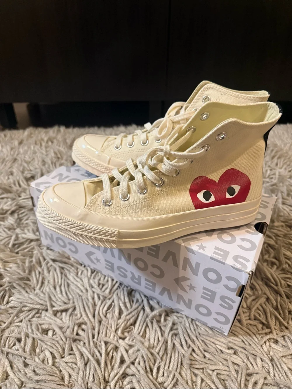 Converse Cream High-Top Kids Sneakers with Red Heart